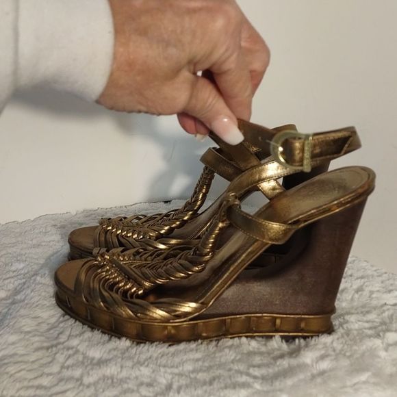 Vince Camuto Shoes - Vince Camuto Gold Leather Wood Wedge Sandals